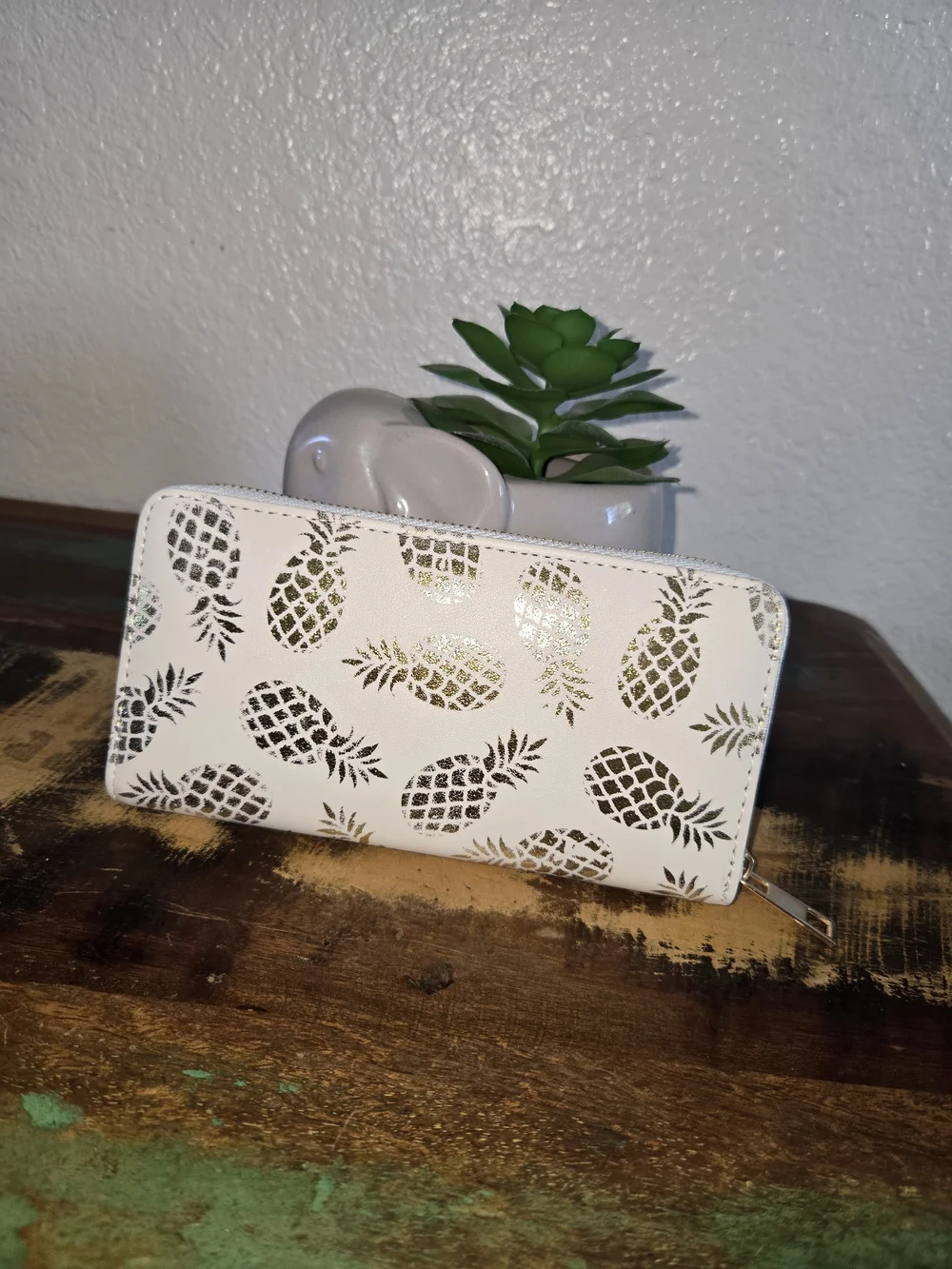 White Pineapple-Print Zip Wallet